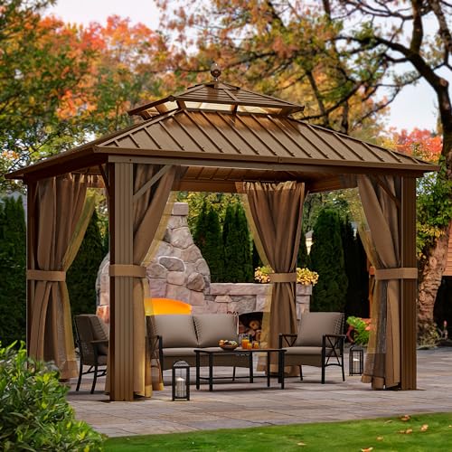 YITAHOME 10x10ft Hardtop Gazebo with Nettings and Curtains, Heavy Duty Double Roof Galvanized Steel Outdoor Combined of Horizontal Vertical Stripes Roof for Patio, Backyard, Deck, Lawn (Bronze)