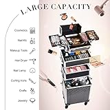 Stagiant Rolling Makeup Train Case Large Storage Cosmetic Trolley 4 in 1 Large Capacity Trolley Makeup Travel Case with Key Swivel Wheels Salon Barber Case Traveling Cart Trunk - Black