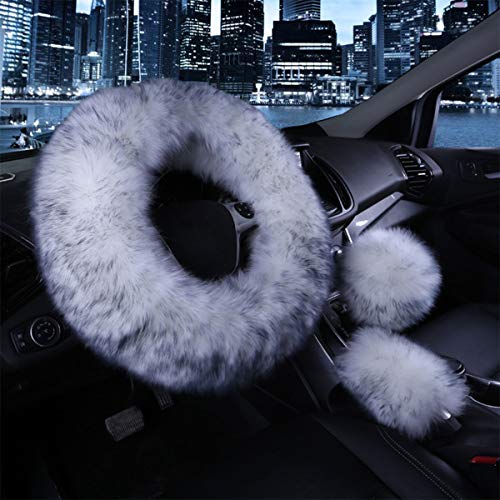 EGBANG 1 Set 3 Pcs Car Steering Wheel Cover & Handbrake Cover & Gear Shift Cover Set Faux Wool Warm Winter (Grey-3pcs)