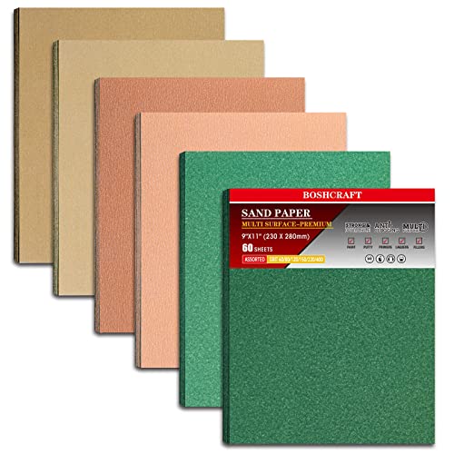 Boshcraft 60 PCS Sandpaper, Sandpaper Assortment Sandpaper for Wood Metal Automative Furniture Hand Sander Paper 60/80/120/150/220/320 Grit Sandpaper Sheet Sanding Paper Cut for Use 9" x 11"