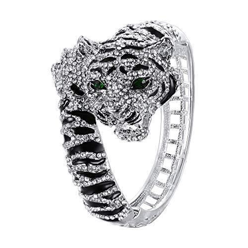 EVER FAITH Austrian Crystal Enamel Gorgeous Tiger Animal Bangle Bracelet Clear Silver-Tone