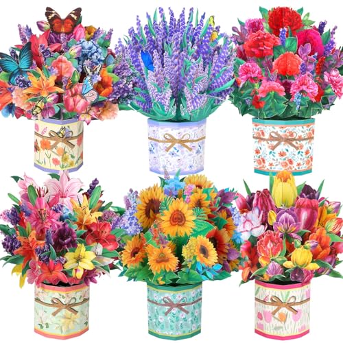 6 Pack Paper Flower Pop Up Cards, Flower Bouquet Card Popup 3D Greeting Cards for Mother's Day, Graduation, Anniversary, Birthday, Congratulations, Get Well, Home Decor, with Envelope and Note