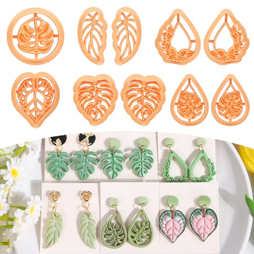 Puocaon Tropical Leaf Polymer Clay Cutters - 10 Pcs Monstera Leaves Clay Earrings Making Kit Botanical Plant Stud Cutters for Earrings Jewelry Making