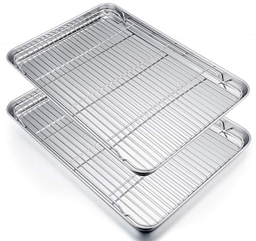 P&P CHEF Extra Large Baking Sheet and Cooking Rack Set, Stainless Steel Cookie Half Sheet Pan with Grill Rack, Rectangle 19.6''x13.5''x1.2'', Oven & Dishwasher Safe, 4 Piece (2 Pans+2 Racks)