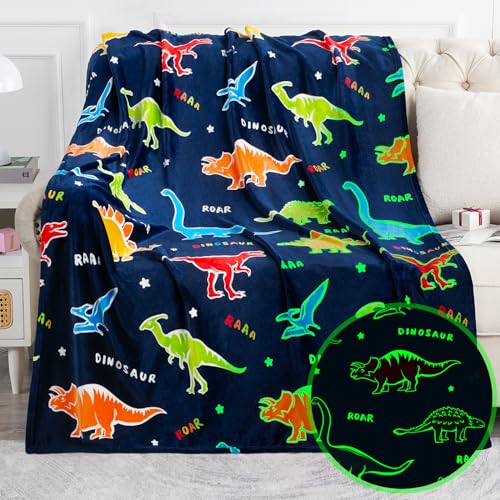 Jekeno Dinosaur Glow in The Dark Blanket Dino Throw for Kids Boys Girls Birthday Easter Decor for Age 1-14 Years Old Teens Child Toddler Son Throw Navy Blue 50"x60"