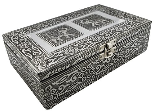 VGI Elegant Jewelry Box with Hammered Metal Cladding and Soft Fabric Interior (Elephant, Silver Finish)