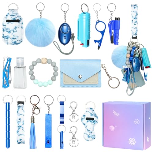 Jsngbse Safety Keychain Set for Women, Wristlet Keychain for Women with Bottle Opener, Card Holder, Whistle, Wristlet Strap, Travel Bottle Holder, Safety Keychains Accessories Kit（Blue）