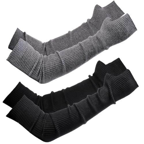 Eorbow 2 Packs Long Fingerless Gloves, Wool Blended Knitted Arm Warmers, Stretchy Over-elbow Length Arm Sleeves for Women Fashion, Cosplay Accessories, Black and Gray