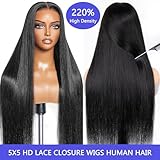 Tscom 30 Inch 5x5 HD Lace Closure Wigs Human Hair 220 Density Wear and Go Glueless Wigs Human Hair Pre Plucked Pre Cut with Baby Hair Bleached Knots 12A Ready to Wear Straight Wigs for Beginners