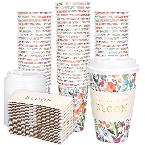 Whaline 50Pcs Spring Wildflower Disposable Coffee Cups with Lids and Sleeves Watercolor Spring Floral Bloom Paper Drinking Cups for Birthday Wedding Baby Shower Supplies