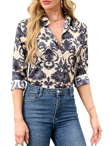 BBIBBI Womens Shirts Casual Dressy Tops Long Sleeve Button Down Blouses Fashion Tops Trendy Camisas para Mujer Black Pattern2 L