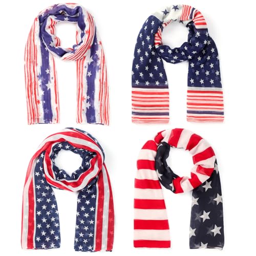 Clysee 4 Pcs Independence Day American Flag Scarf Patriotic Scarf for Women Blue Red White USA Flag Wrap Soft 4th of July Shawl for Gifts
