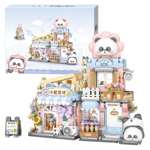 RAVAYO Panda Florist Street Scene Building Kit, Openable Flower Shop Building Set for Boys Girls Age 8+,810pcs Mini Bricks