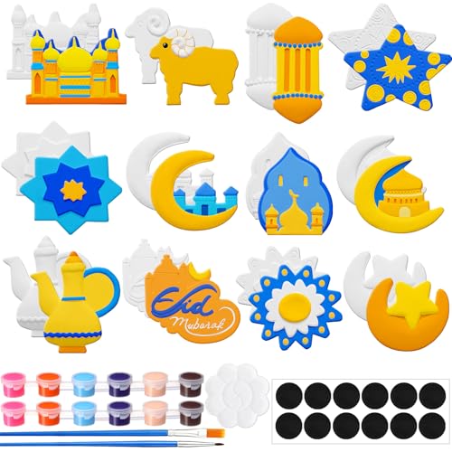 MotiMind 27 Pcs Ramadan Arts and Crafts Set Islamic Eid Gifts Ceramic Painting Kit Include 12 Paint Your Own Figurines with 12 Magnet 2 Brushes and 1 Palette for Ramadan Activities
