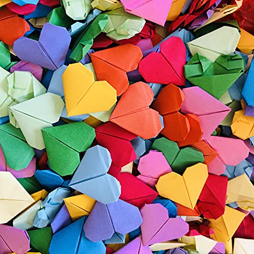 100PCS Rainbow Paper Premade Origami Hearts for Wedding Party Favors Valentine's Day Christmas Creative Heart Gift Engagement Birthday Party Hearts Confetti Bday Table Centerpieces (Mix Color, 15cm)