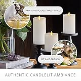 Luminara Realistic Artificial Moving Flame Pillar Candles - Set of 3 - Melted Top Edge, LED Battery Operated Lights - Unscented - Remote Included- 3" x 4.5", 3" x 5.5", 3" x 6.5" (White)