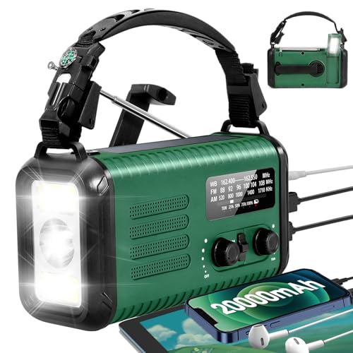 NOAA Weather Radio, 20000mAh/ 74000mWh Hand Crank Radio, Solar Battery Powered Radios with AM FM, Portable Fast Flashlight Cell Phone Charger, Reading Lamp, SOS Alarm for Camping, Hiking (Green)
