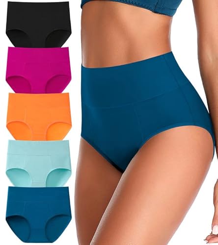 ASIMOON Women's Cotton Underwear High Waisted Full Coverage Plus Size Briefs Panties for Women Stretch Soft Breathable Panties 5XL