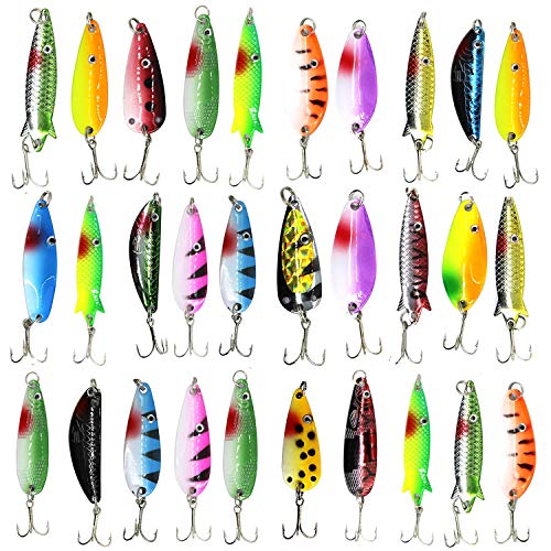 Fishing Spoons Metal Fishing Lures Kit, 30pcs Colorful Hard Spinner Baits Spoons Lures with Treble Hooks for Trout Salmon Bass Walleye Saltwater Freshwater