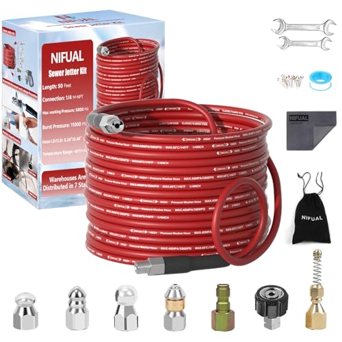 NIFUAL Pressure Washer Cleaning Kit Sewer Jetter Kit for 1/4 Inch NPT Corner Max Working Pressure Drain Cleaner Hose 5800 PSI Durable Sewer Blasting Hose 5 Sewer Blasting Nozzles (50FT)
