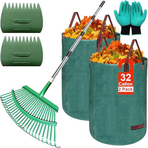 5-in-1 Garden Leaf Rake Tool Set ,53 inches Adjustable Leaf Rake with 2 Large Leaf Collector Bag,A Pair of Leaf Grabbers and A Pair of Work Gloves– Perfect for Yard Cleanup, Outdoor Gardening