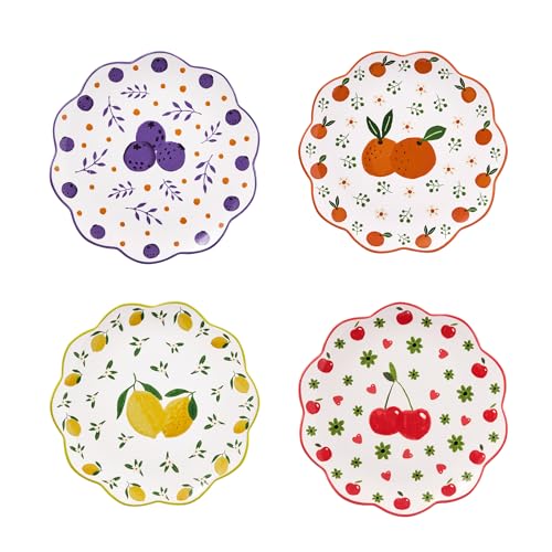 Bico Fruit Pop Scalloped Salad Plates Set of 4, 8.75 Inch Ceramic Dessert Plates for Salad, Appetizer, Side Dishes, Microwave and Dishwasher Safe, Gift for Housewarming and Thanksgiving