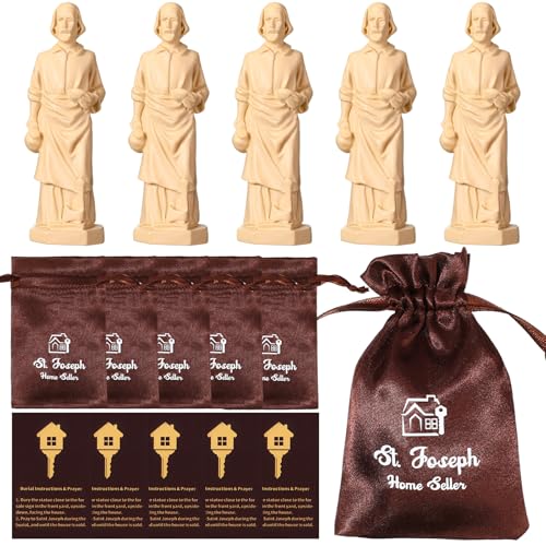 Wonderjune 5 Sets St Joseph Statue for Selling House Small Resin Saint Joseph Figurine with Instruction Prayer Card and Burial Bag for Selling Homes