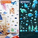 Ocean Fish Wall Decals,Glow in The Dark Under The Sea Wall Decals Sea Life Animals Wall Stickers Removable Waterproof Peel and Stick for Boys Kids Bathroom Watercolor Ocean Creatures Decor(Upgrade)