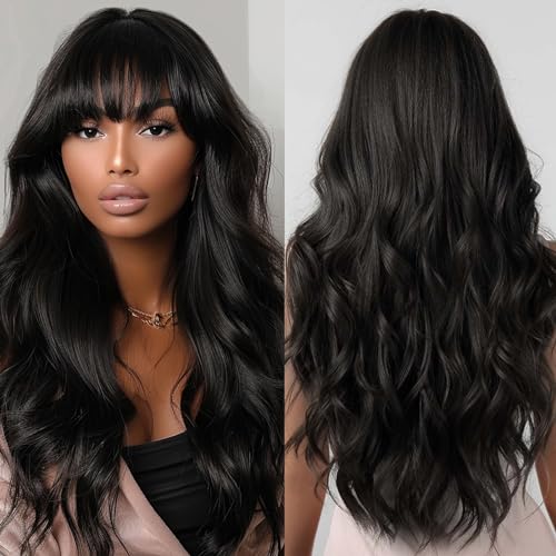 Allbell Long Black Wigs for Women Curly Synthetic Wig with Bangs Body Wave Natural Looking Heat Resistant Fiber Fake Hair for Daily Use
