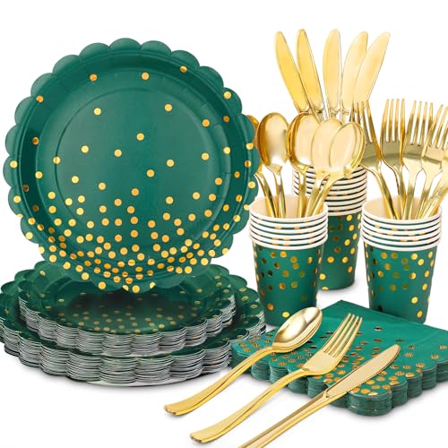 175Pcs Green and Gold Party Decoration - Green Plates and Napkins Party Supplies - Scalloped Paper Plates for Birthday Graduation Decorations, Serve 25 Guests