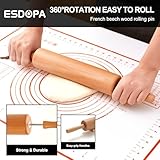 ESDOPA Classic Wood Rolling Pin - Wooden Rolling Pins for Baking Silicone Mat Set, Dough Roller with Wood Base, Fondant Roller for Pie Crust Cookies Pizza Dough and Bread, 17 Inch