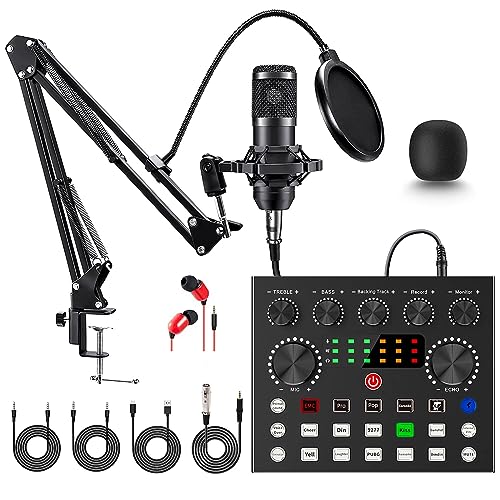 Podcast Equipment Bundle, BM-800 Mic Kit with Live Sound Card, Podcast Microphone Bundle with Studio Microphone, Recording Studio Equipment for Live Streaming, Broadcasting with Phone/PC/Laptop