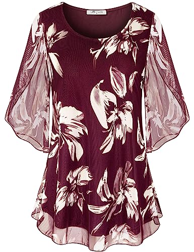 SeSe Code Petite Elegant Chiffon Tops for Women Boatneck, Ladies Tops and Blouses Short Sleeve Dressy Tops for Evening Wear Cute Shirts Spring Blouses for Women 2025 Wine Floral M