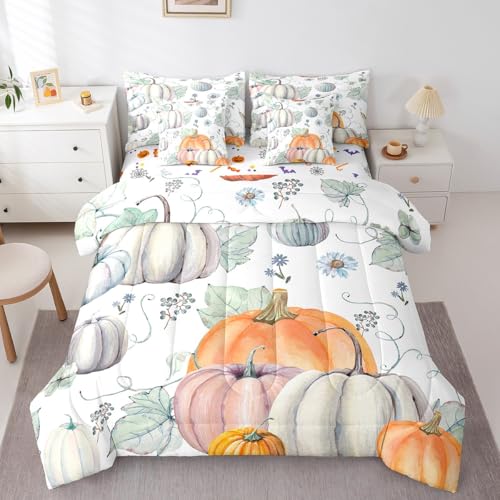 Erosebridal Pumpkin Comforter Set 7 Piece,Farmhouse Harvest Thanksgiving Bedding Set,Rustic Fall Pumpkin Bed in a Bag,Botanical Leaf Sheet Set,Autumnal Crop Pastoral Theme Flat Fitted Sheet,King