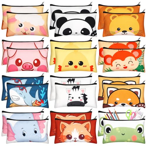 Dispowreath 24 Pcs Cartoon Zipper Pencil Pouch Bulk Cute Cartoon Pencil Case Multicolored Cat Panda Pen Bag Stationery Back to School First Day of School Gifts for Boys and Girls