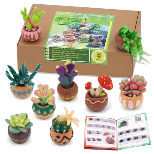 Yizzvb Needle Felting Kit, 9 PCS Succulent Needle Felting Beginner Kits, Wool Felting Kit Including Wool Roving, Felting Pad, Felting Needles and Instructions for DIY Felting Starters