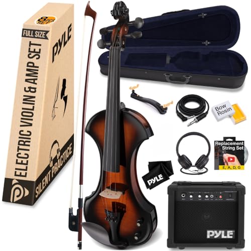 Pyle Full Size Electric Violin, 4/4 Solid Wood Silent Fiddle, with Amplifier Kit, Hard Case, Bow, Ebony Fittings, Digital Tuner, Extra Strings, Rosin