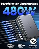 480W USB C Charger Block, Rocoren 10-Ports USB C Charging Station for Multiple Devices,PD 100W Gan Fast Charger Station Desktop Multi USBC Charging Hub Dock for Laptop MacBook,HP,iPad,iPhone,Samsung