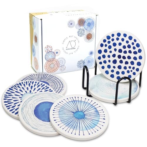 AD Set of 6 Coasters for Drinks Absorbing Round Ceramic Stone Coaster with Cork Base,Tabletop Protection Mat for Mugs and Cups,Office,Kitchen (Blue Watercolor with Holder)