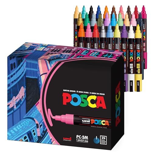 uni POSCA PC-5M Water-Based Paint Markers, Medium Point (1.8-2.5mm), Assorted Colors, Set of 29