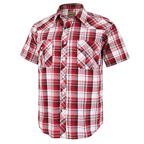 COEVALS CLUB Men's Western Plaid Pearl Snap Buttons Two Pockets Casual Short Sleeve Shirts (Red Plaid/L, 27#)