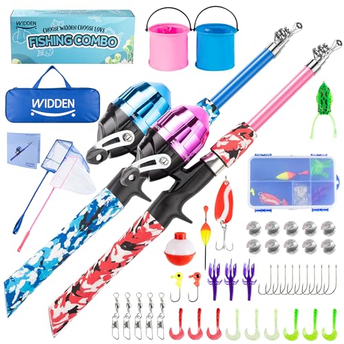 WIDDEN 2 Pack Kids Fishing Pole, Portable Telescopic Kids Fishing Poles Set for Boys and Girls, Fishing Rod and Reel Combo Kit with Tackle Box, and Fishing Net, Best Fishing Pole for Toddler Youth