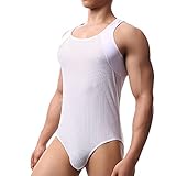 WMIERFI Men's Breathable Mesh Tank Top One Piece Wrestling Singlet Bodysuit Jumpsuit Leotard Briefs Underwear (M, White-2)