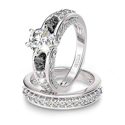 Jeulia 4Carat Women Curved Two Tone Skull Rings Sterling Silver White Diamond Bridal Ring Set Round Cut Halo Engagement Rings Cubic Zirconia Eternity Band Promise Wedding Anniversary (6)