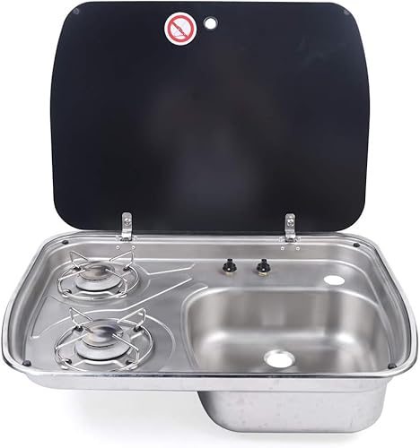 Bokknppo 2 Burner RV Gas Cooktop with Sink Combo, Portable LPG Stove, Tempered Glass Cover, Boat Caravan Camper Gas Stove