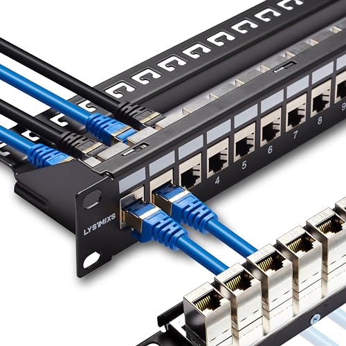 Lysymixs 24 Port RJ45 Patch Panel Cat6 STP Feed Through, Coupler Network Panel 19 Inch, Inline Keystone Ethernet Patch Panel with Back Bar