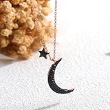 TEMICO Rose Gold Plated Stainless Steel Black Crystal Cubic Zirconia Star Moon Crescent Pendant Necklace for Women