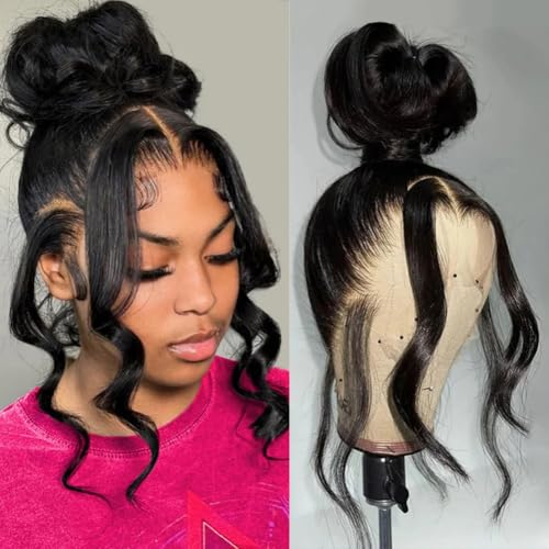 KGIFH 28 Inch 360 Lace Front Wigs Human Hair Drawstring Body Wave Lace Front Wigs Human Hair Pre Plucked 360 HD Full Lace Wig 180 Density Glueless Invisi Strap Frontal Wigs Human Hair for Women