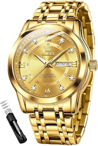 OLEVS Men Watch Blue Gold Analog Quartz Stainless Steel Waterproof Luminous Date Luxury Casual Watch