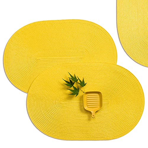 AHHFSMEI Placemats Set of 6 for Dining Table Washable Woven Vinyl Non-Slip 18x12 inches Placemat Heat-Resistant Durable Table Mats for Dining Table Easy to Clean (Oval Yellow, 6)